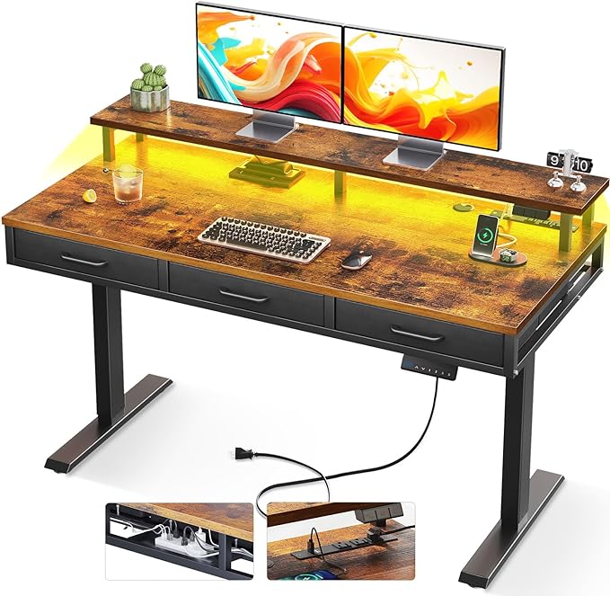 AODK 55 Inch Electric Standing Desk with 3 Drawers, Brown, Height Adjustable Desk with Power Outlets & LED Lights, Stand Up Desk with Monitor Shelf, Sit Stand Desk Computer Workstation - LeafyLoom