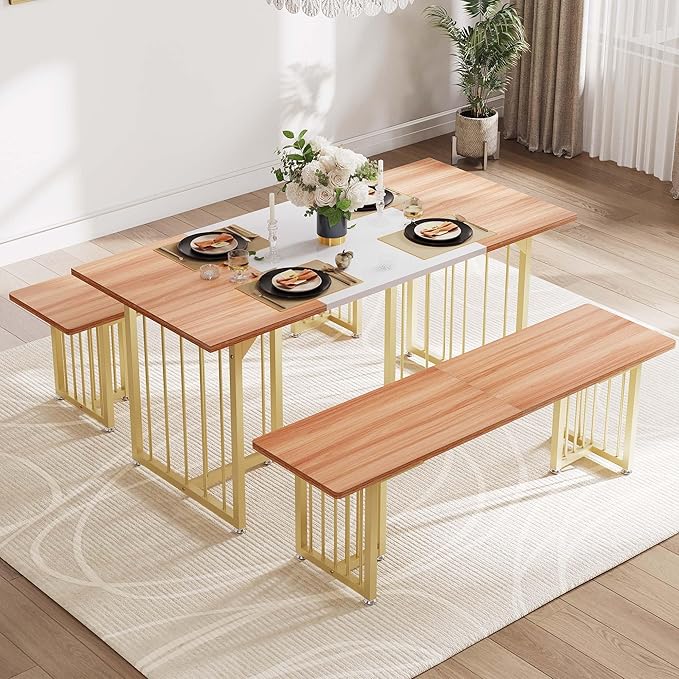 DWVO 3-Piece Dining Table Set for 4-6 People, 63" Kitchen Table with 2 Benches, Farmhouse Rectangular Dining Room Table Set for Home Kitchen, Restaurant - LeafyLoom