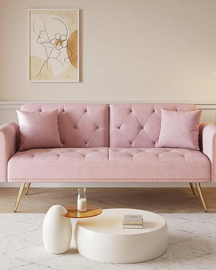 NicBex Sectional Couch Sofa with Throw Pillows Velvet Sofa Bed Cloud Couch for Living Room Furniture Sets with Metal Legs, Modular Sofa for Living Room, Bedroom, Apartment,67.7" L, Pink - LeafyLoom