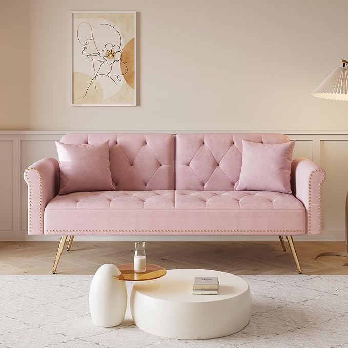 NicBex Sectional Couch Sofa with Throw Pillows Velvet Sofa Bed Cloud Couch for Living Room Furniture Sets with Metal Legs, Modular Sofa for Living Room, Bedroom, Apartment,67.7" L, Pink - LeafyLoom