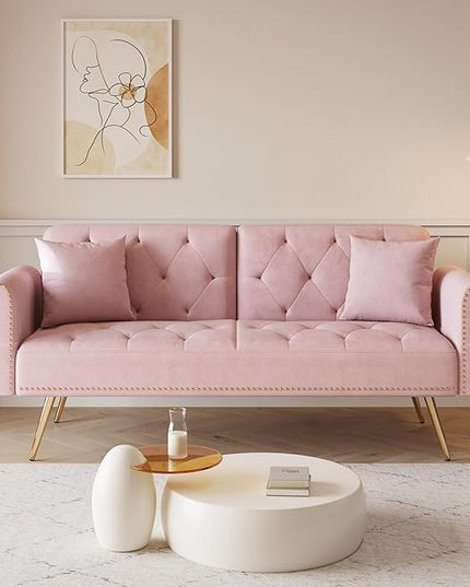 Button Tufted Upholstered Convertible Folding Sleeper Sofa Bed Futon Loveseat Couch Recliner Daybed with Adjustable and Nailhead Trim for Living Room, Bedroom, Pink 69.7" - LeafyLoom