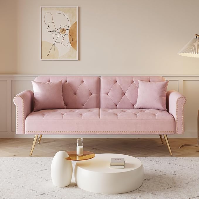 Button Tufted Upholstered Convertible Folding Sleeper Sofa Bed Futon Loveseat Couch Recliner Daybed with Adjustable and Nailhead Trim for Living Room, Bedroom, Pink 69.7" - LeafyLoom