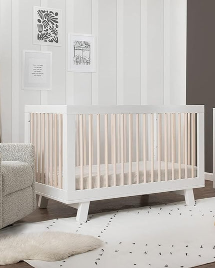 Babyletto Hudson 3-in-1 Convertible Crib with Toddler Bed Conversion Kit in White and Washed Natural, Greenguard Gold Certified - LeafyLoom