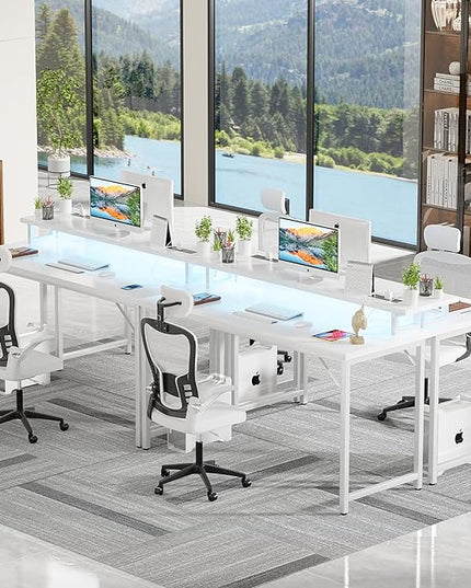 47 inch Computer Desk with Power Outlets, Gaming Desk with LED Lights, Home Office Work Desk with Monitor Shelf, Modern Office Desk Study Writing Table for Small Spaces, White - LeafyLoom