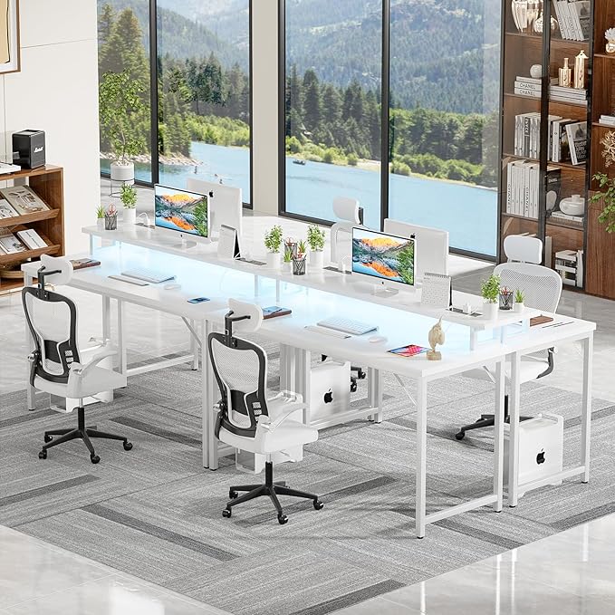 47 inch Computer Desk with Power Outlets, Gaming Desk with LED Lights, Home Office Work Desk with Monitor Shelf, Modern Office Desk Study Writing Table for Small Spaces, White - LeafyLoom