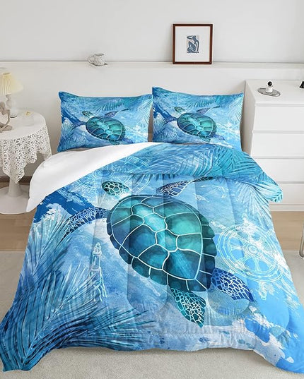 CVHOUSE Sea Turtle Bedding Set,Sea Turtle Comforter Queen,Ocean Bohemia Comforter Set for Boys Kids Girls,Ocean Quilt Set with 1 Comforter and 2 Pillow Cases - LeafyLoom