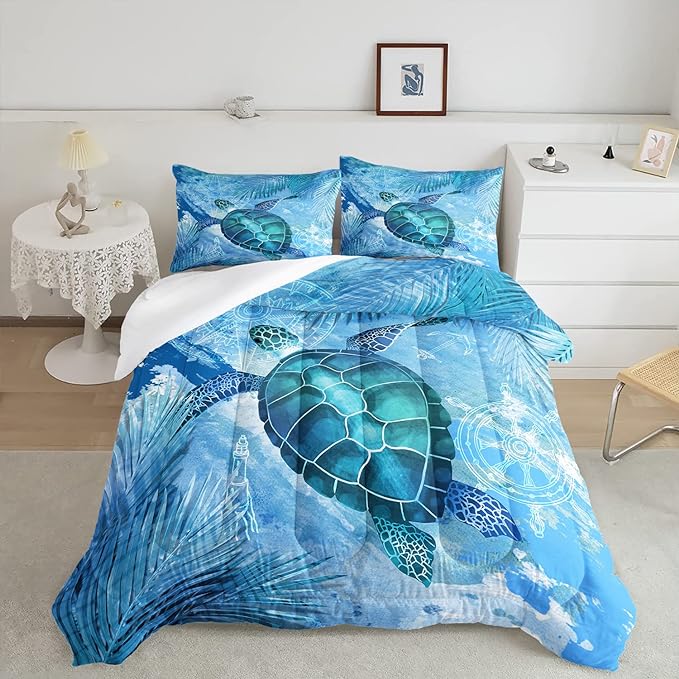 CVHOUSE Sea Turtle Bedding Set,Sea Turtle Comforter Full,Ocean Bohemia Comforter Set for Boys Kids Girls,Ocean Quilt Set with 1 Comforter and 2 Pillow Cases - LeafyLoom