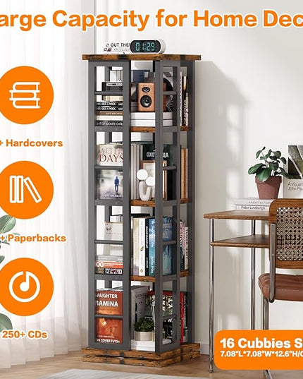 EasyCom Rotating Bookshelf with Metal Frame, 360 Display Wood Revolving Bookcase, 4-Tier Corner Bookshelf with Storage, Floor Standing Spinning Bookshelf for Living Room, Office, Brown - LeafyLoom