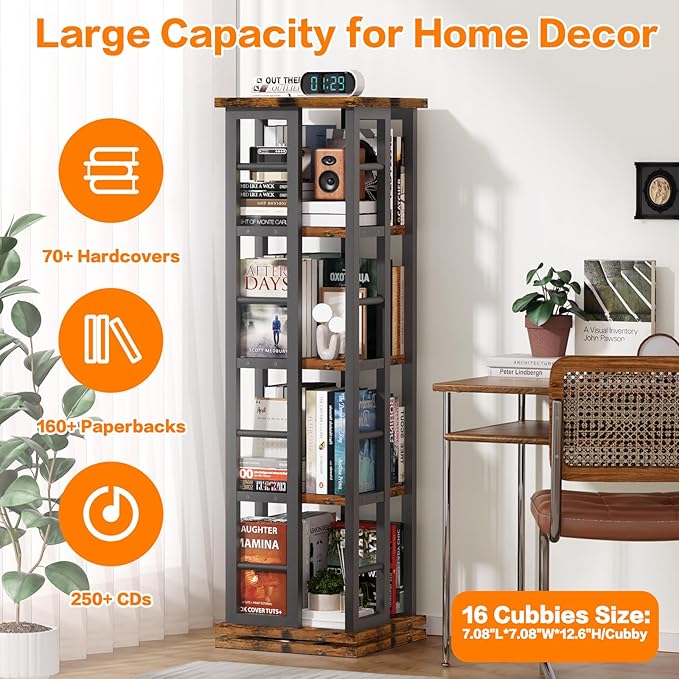 EasyCom Rotating Bookshelf with Metal Frame, 360 Display Wood Revolving Bookcase, 4-Tier Corner Bookshelf with Storage, Floor Standing Spinning Bookshelf for Living Room, Office, Brown - LeafyLoom