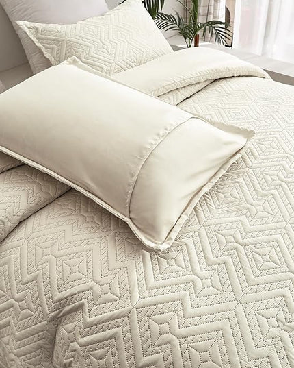 WONGS BEDDING Beige Comforter Set King Size(104"×90"), Reversible Boho Geometric Textured Bedding Comforter Sets - 3 Pieces Soft Microfiber Ultrasonic Bedding with 2 Pillow Cases - LeafyLoom