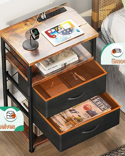 AODK Night Stand with Charging Station, End Table for Bedroom Tall Nightstand with Drawers, Small Nightstand for Bedroom, 4-Tier Storage Bedside Table, Vintage and Black - LeafyLoom