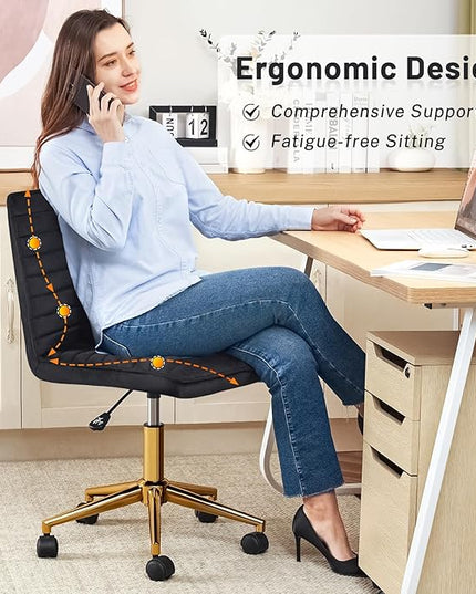Furniliving Home Office Chair, Armless Vanity Chair with Wheels Swivel Velvet Computer Rolling Desk Chair with Back, Adjustable Accent Chair with Gold Metal Base Stool Chair,Black - LeafyLoom