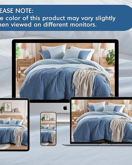 Blue Full/Queen Comforter Set - Modern Soft Farmhouse Comforter Sets for Men, Masculine Colorblock Pattern Bedding Set for All Season, 3 Pieces includes 1 Comforter, 2 Shams (90"x 90") - LeafyLoom