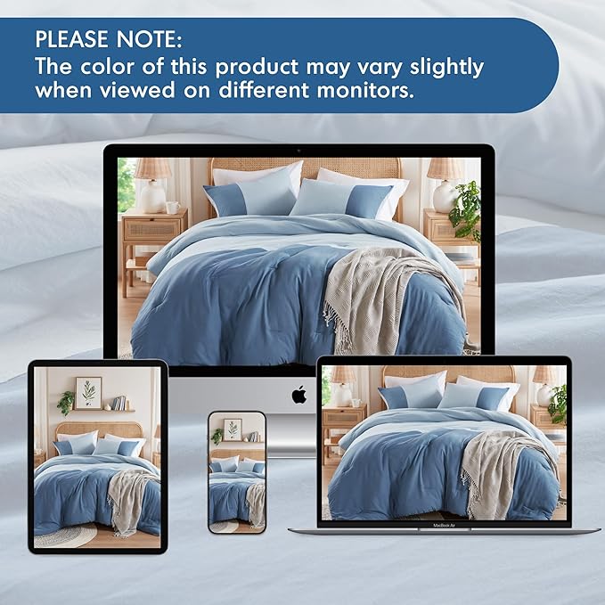 Blue Full/Queen Comforter Set - Modern Soft Farmhouse Comforter Sets for Men, Masculine Colorblock Pattern Bedding Set for All Season, 3 Pieces includes 1 Comforter, 2 Shams (90"x 90") - LeafyLoom