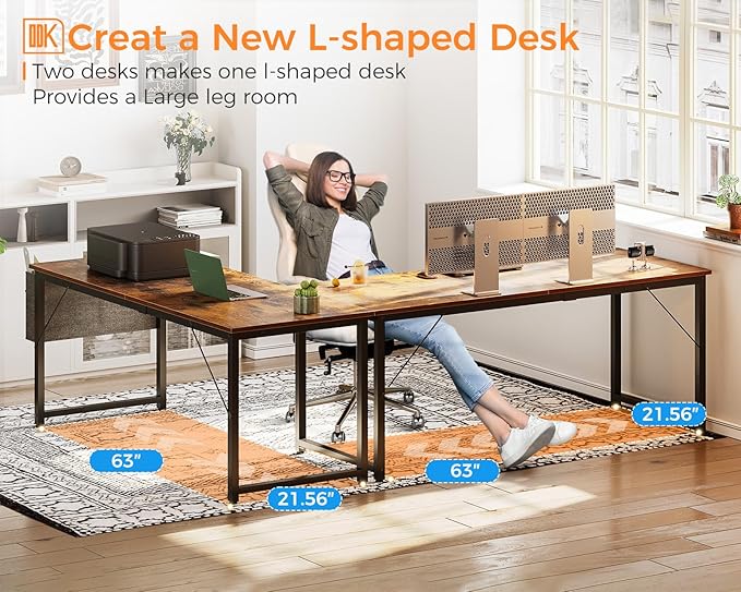 ODK Computer Desk Large Office Desk, 63 Inch Writing Desk with Storage, Modern PC Desk Work Table with Headphone Hook for Home Office, Spliced Tabletop, Rustic Brown - LeafyLoom