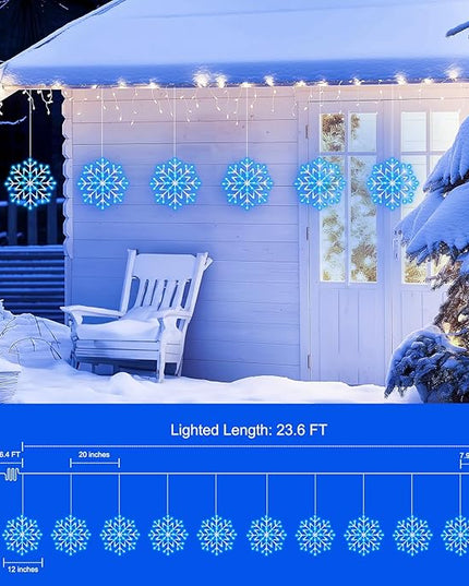 Christmas Snowflake Icicle Lights Outdoor - Plug-in 23.6ft 10 Drops 480LED Snowflake Window Lights, Connectable for Indoor Outdoor Porch Eaves Rooftops Canopy Christmas Decoration, Blue and White Brightown