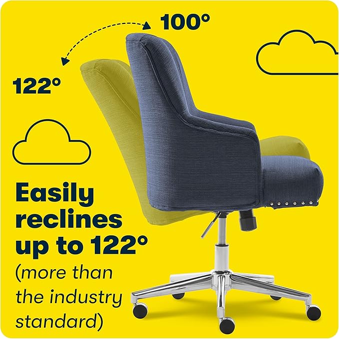 Serta Leighton Modern Office Chair, Stylish Mid-Back Desk Chair, Rivet Detail, Serta Quality Memory Foam, Armchair with Wheels, Vanity Chair, Swivel Chrome Metal Base, Twill Fabric, Blue - LeafyLoom
