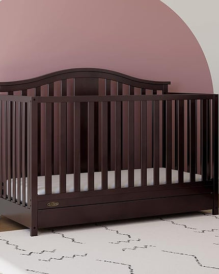 Graco Solano 4-in-1 Convertible Crib with Drawer (Espresso) – GREENGUARD Gold Certified, Crib with Drawer Combo, Includes Full-Size Nursery Storage Drawer, Converts to Toddler Bed and Full-Size Bed - LeafyLoom