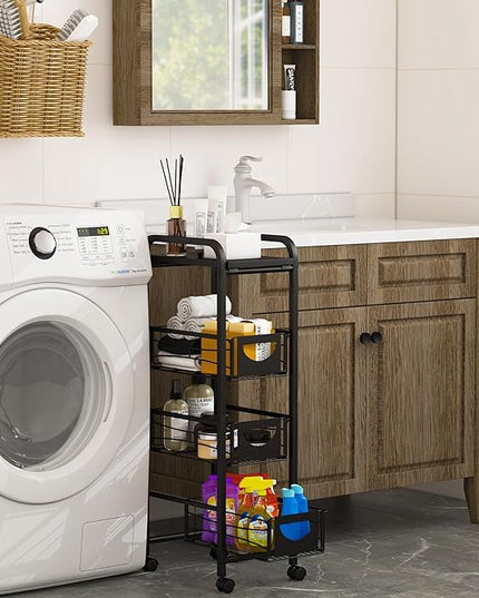 Slim Rolling Storage Cart Small Narrow Kitchen Metal Storage Cart with Lockable Wheels Slim Laundry Bathroom Storage Cart with Wooden top for Kitchen Laundry Narrow Places with Pull-Out Basket Black - LeafyLoom