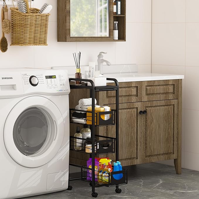 Slim Rolling Storage Cart Small Narrow Kitchen Metal Storage Cart with Lockable Wheels Slim Laundry Bathroom Storage Cart with Wooden top for Kitchen Laundry Narrow Places with Pull-Out Basket Black - LeafyLoom