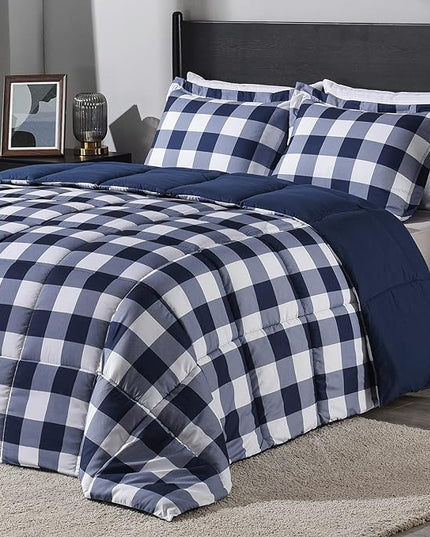downluxe Lightweight Plaid Comforter Set (Queen) with 2 Pillow Shams - 3-Piece Set - Blue/White Plaid - Down Alternative Reversible Comforter - LeafyLoom