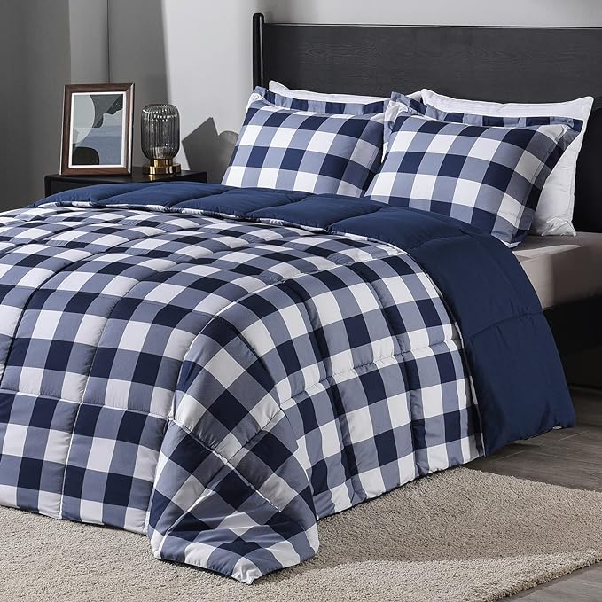 downluxe Lightweight Plaid Comforter Set (King) with 2 Pillow Shams - 3-Piece Set - Blue/White Plaid - Down Alternative Reversible Comforter - LeafyLoom