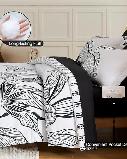 WRENSONGE Queen Comforter Set, 7 Pieces Black and White Floral Comforter Set with Sheets for Queen Size Bed, Flower Pattern Queen Bedding Set, Soft Lightweight Breathable Bed in a Bag for All Seasons - LeafyLoom