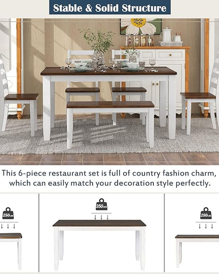 Retro Rustic Style, Including 4 Upholstered Chairs, 1 Bench, Room, Home Bar, and Kitchen,Walnut + Cottage White, 6 Piece Dining Table Set - LeafyLoom