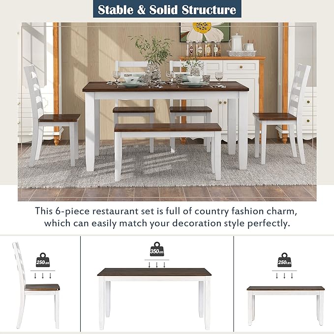 Retro Rustic Style, Including 4 Upholstered Chairs, 1 Bench, Room, Home Bar, and Kitchen,Walnut + Cottage White, 6 Piece Dining Table Set - LeafyLoom