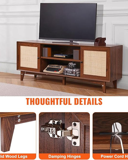 VEVOR Rattan TV Stand for 75in TV, Boho TV Stand with Rattan Door, Entertainment Center with Build-in Socket, Storage Cabinet with 2 Shelves, Modern TV Console for Living Room, Media Room, Walnut - LeafyLoom