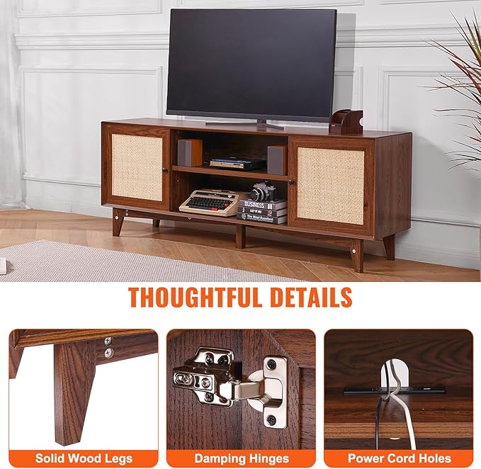 VEVOR Rattan TV Stand for 75in TV, Boho TV Stand with Rattan Door, Entertainment Center with Build-in Socket, Storage Cabinet with 2 Shelves, Modern TV Console for Living Room, Media Room, Walnut - LeafyLoom