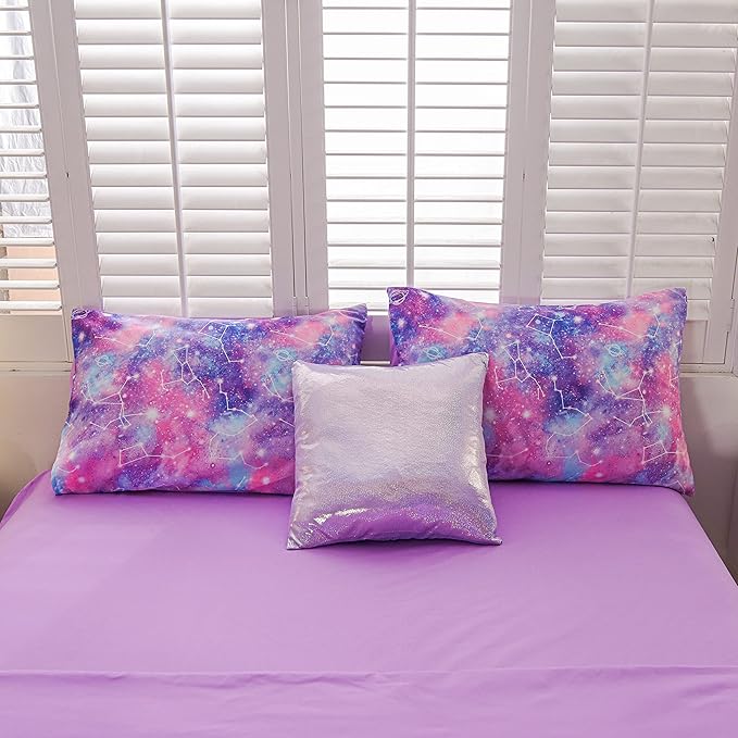 Btargot Lightweight Microfiber 6 Piece Comforter Set, Tie Dye Galaxy Constellation Pattern Bedding Set for Boys Girls Teen, Queen Purple - LeafyLoom