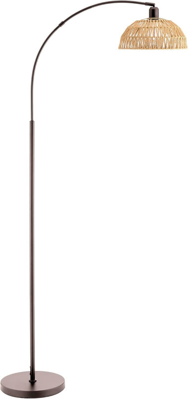 Curved Floor Lamp with Remote Control and Foot Switch Adjustable Hanging Drum Woven Lampshade, Reading Lamp Next to Sofa, Living Room and Bedroom (New Coffee Gold) - LeafyLoom