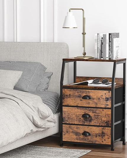 Furnulem Nightstand with 3 Drawers and 2-Tier Shelf, Fabric Small Dresser Organizer Vertical Storage Tower for Bedroom, Closet, Hallway, Nursery, End Table Side Furniture, Sturdy Steel Frame, Wood Top - LeafyLoom