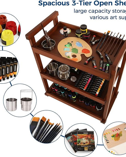 VISWIN 37" H Art Cart Storage Organizer 3-Tier, Solid Beech Wood Rolling Utility Cart with Caster Wheels, Multifunctional Art Supplies Craft Cart Organizer, Trolley for Studio, Classroom, Kitchen - LeafyLoom