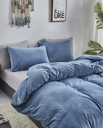 Wellboo Blue Velvet Comforters King Size Women Men Solid Lake Blue Fluffy Bedding Cotton Modern Plain Haze Blue Flannel Quilts Warm Winter Micromink Sherpa Blankets Aesthetic Plush Luxury Dorm Bed - LeafyLoom
