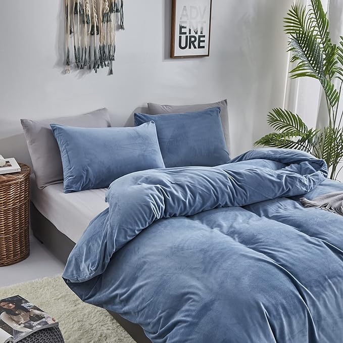 Wellboo Blue Velvet Comforters King Size Women Men Solid Lake Blue Fluffy Bedding Cotton Modern Plain Haze Blue Flannel Quilts Warm Winter Micromink Sherpa Blankets Aesthetic Plush Luxury Dorm Bed - LeafyLoom