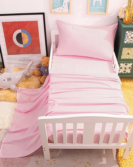 NTBAY Toddler Bedding Set - 4 Piece Soft and Breathable Crib Bedding Set for Boys and Girls, Includes Quilted Comforter, Fitted Sheet, Flat Top Sheet and Envelope Pillowcase, Pink - LeafyLoom