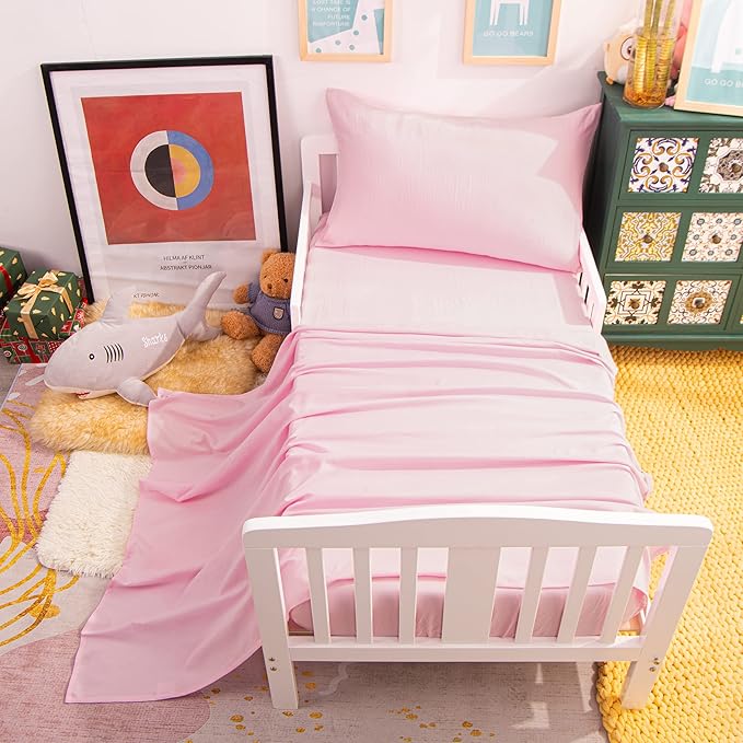 NTBAY Toddler Bedding Set - 4 Piece Soft and Breathable Crib Bedding Set for Boys and Girls, Includes Quilted Comforter, Fitted Sheet, Flat Top Sheet and Envelope Pillowcase, Pink - LeafyLoom