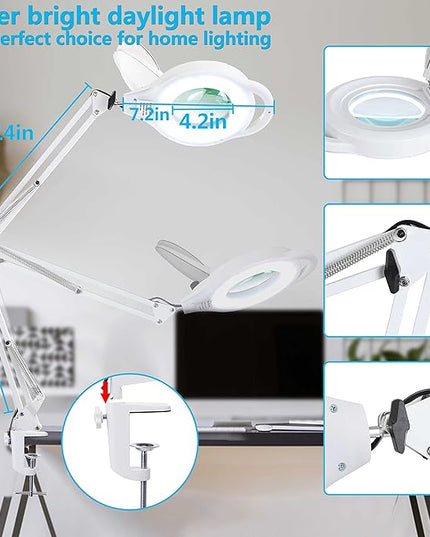 10X Magnifying Lamp with Clamp, 2200 LM Super Bright and Stepless Dimming Magnifying Glass with Light, Real Glass Lens Lighted Magnifier Lamp for Close Work, Crafts, Reading, Repair -White - LeafyLoom