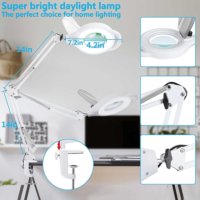 10X Magnifying Lamp with Clamp, 2200 LM Super Bright and Stepless Dimming Magnifying Glass with Light, Real Glass Lens Lighted Magnifier Lamp for Close Work, Crafts, Reading, Repair -White - LeafyLoom