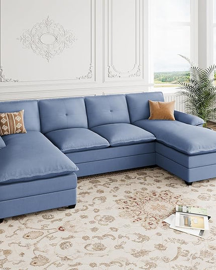 Shintenchi 110" Modular Sectional Couches for Living Room, U-Shaped Sofa Couch with Double Chaise, 4 Seat Sofa Sets with Thick Cushion & Soft Backrest, Blue - LeafyLoom