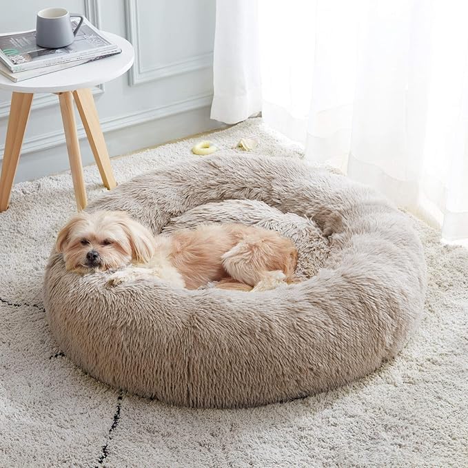 Calming Dog Bed & Cat Bed, Anti-Anxiety Donut Cuddler Warming Cozy Soft Round Bed, Fluffy Faux Fur Plush Cushion bed for Small Medium Dogs and Cats (20"/24"/27"/30") WESTERNHOME