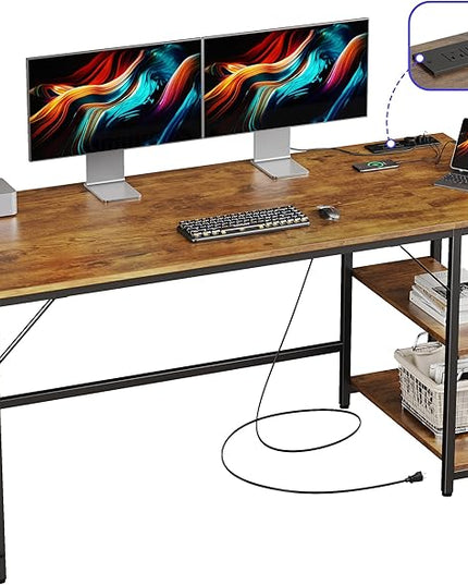 JOISCOPE 60 x 24 Inch Gaming Computer Desk with Table Power Outlets,Home Office Desk with Storage Shelves and USB & Type-C Outlet for Bedroom,Home Office,Morden Simple Writing Table,Vintage Oak Finish - LeafyLoom