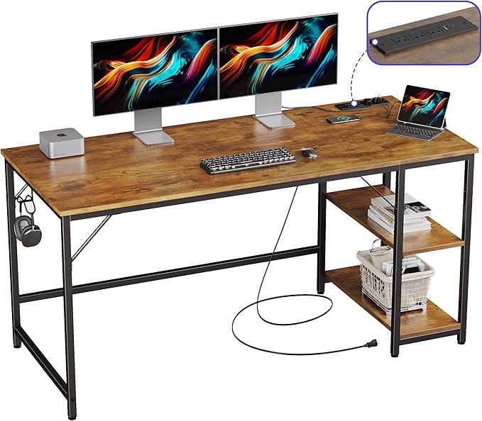 JOISCOPE 60 x 24 Inch Gaming Computer Desk with Table Power Outlets,Home Office Desk with Storage Shelves and USB & Type-C Outlet for Bedroom,Home Office,Morden Simple Writing Table,Vintage Oak Finish - LeafyLoom
