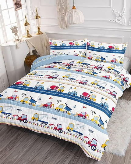 Cartoon Car Kids Comforter Set Full,Construction Bedding Set Equipment Trucks Comforter Excavator Tractor Quilt Set with 1 Comforter 2 Pillowcases for Boys Girls Teens Adults Bedroom Decor(Blue Red) - LeafyLoom