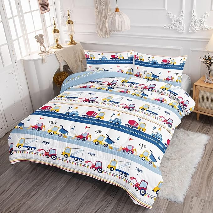 Cartoon Car Kids Comforter Set Full,Construction Bedding Set Equipment Trucks Comforter Excavator Tractor Quilt Set with 1 Comforter 2 Pillowcases for Boys Girls Teens Adults Bedroom Decor(Blue Red) - LeafyLoom