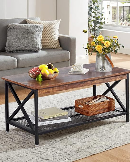 VECELO Coffee Center Table with Storage Shelf for Living Room Office Reception, Rectangle, Brown - LeafyLoom