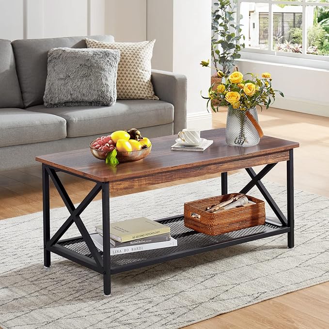 VECELO Coffee Center Table with Storage Shelf for Living Room Office Reception, Rectangle, Brown - LeafyLoom