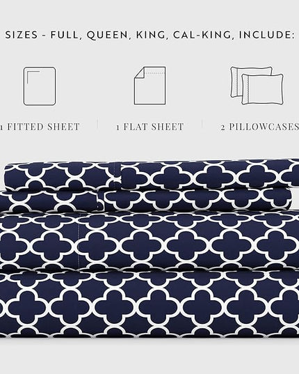Linen Market 4 Piece California King Bedding Sheets Set (Navy Quatrefoil) - Sleep Better Than Ever with These Ultra-Soft & Cooling Bed Sheets for Your Cal King Size Bed - Deep Pocket Fits 16" Mattress - LeafyLoom